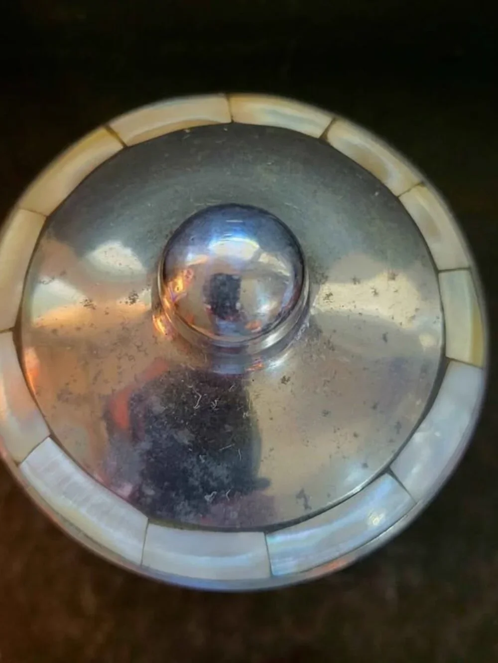 Vintage Vanity Crackle-Glass and a Pewter Lid Accented With Mother-of-Pearl